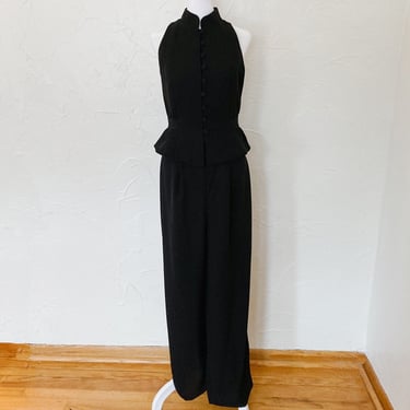 80s/90s sheer Back Black Jumpsuit with Vest Overlay Mock Neck and Tie Back | Small/Medium 