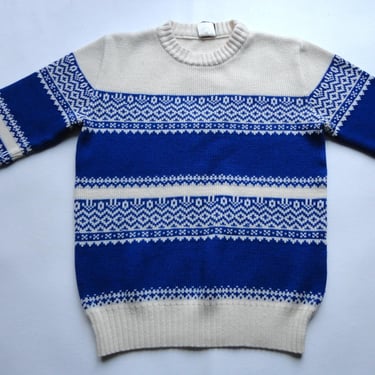 Blue & White Striped Alpine Crewneck Vintage Long Sleeve Acrylic Knit Pullover Oversized Grampa Dad Sweater Geometric Gender Neutral Men's S 