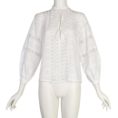 Yves Saint Laurent Vintage SS 1977 White Windowpane Cotton Embroidered Floral Trim Top