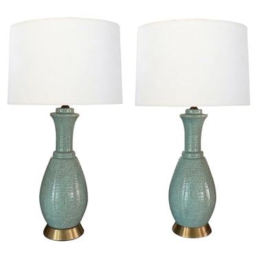 A Pair of American 1960s Hand-thrown Pottery Seafoam-Green Glazed Lamps
