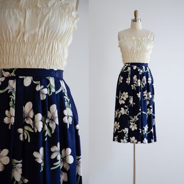navy blue silk skirt 80s 90s vintage dark blue white floral skirt 