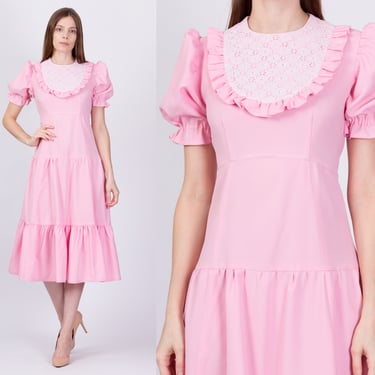 70s Pink Puff Sleeve Prairie Midi Dress -  XS to Small | Vintage Empire Waist Tiered Skirt Boho Dress 