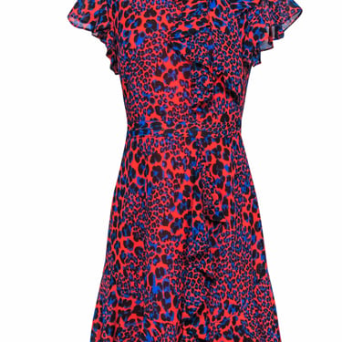 Karen Millen - Red & Blue Leopard Print Dress w/ Studded Waist Sz 8