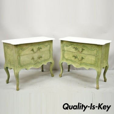 Italian Regency Marble Top Green Distress Painted Commode Nightstands - a Pair