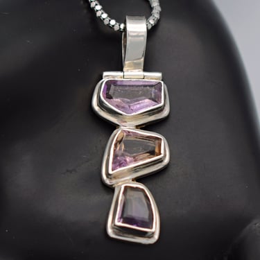 Avant Garde 70's amethyst sterling hinged pendant, edgy 925 silver popcorn chain geometric necklace 