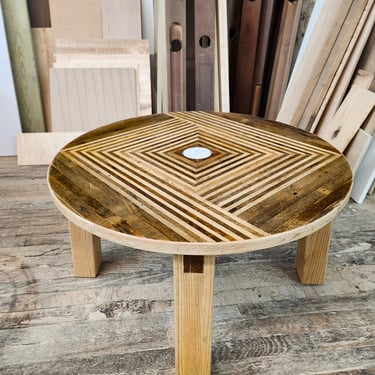 Custom reclaimed wood lath and oak coffee table with marble inlay 