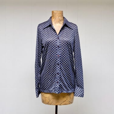 Vintage 1970s Wayne Rogers Navy/White Geometric Art Deco Pattern Blouse, 70s Long Sleeve Slim Fit Semi-Sheer Polyester Shirt, 36