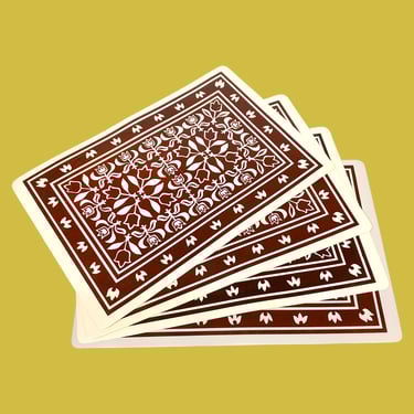 Vintage Placemats 1980s Retro Size 18x12 Bohemian/Folk + Burgundy/White + Tulip Flowers + Plastic + Rectangular + Set of 4 + Kitchen Textile 