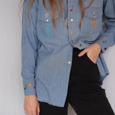 Vintage Western Shirt / Chambray Embroidered Shirt / Music Notes Embroidered Denim Shirt / Unisex Western 