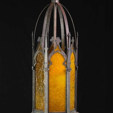 Hammered Iron Gothic Amber Stained Glass Ceiling Lantern