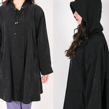 Vintage 80s Mulberry Street Black Hooded Double Breasted Swing Coat | Streetwear, Boxy Fit | 1980s 1990s Designer Avant Garde Swing Jacket 