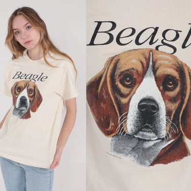 Beagle Shirt 90s Dog Breed T-Shirt Dogs Puppy Graphic Tee Animal TShirt Retro Top Cute Cartoon Single Stitch Cream Vintage 1990s Medium M 