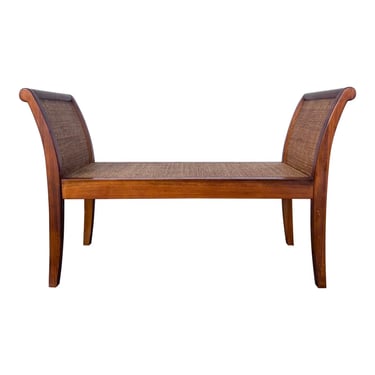 British Colonial Maple and Rattan Bench 