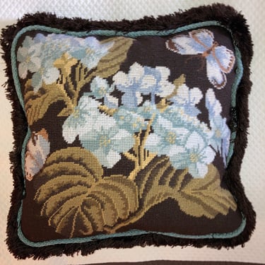 Sale~ 16” Custom Needlepoint Pillow~ Silk Fringe/Cording ~ French Country Display Hand Needlework Toss Pillow ~ Blue Brown Floral Butterfly 