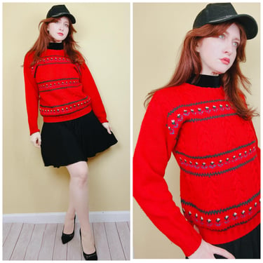 1980s Vintage Skyr Handknit Red Scandinavian Sweater / Fair Isle Cable Knit Jumper Wool / Size Small 