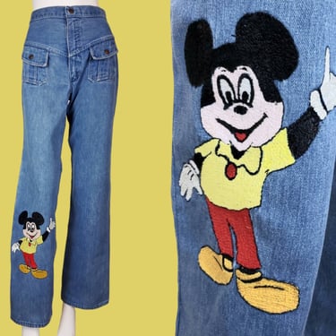 Mickey Mouse Wrangler jeans from the 70s. Unique pockets embroidered leg high rise slim fit. Cartoon Disney. (28 x 33) 