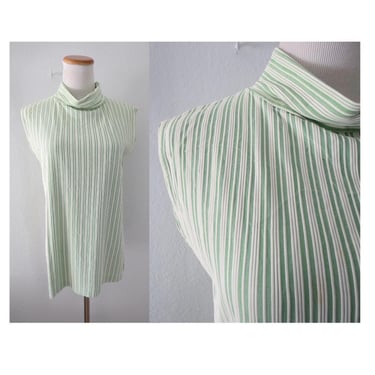 Vintage 60s Mod Sleeveless Blouse - Mock Neck Striped Top - 1960s Green White Stripe Shirt - Size Large 