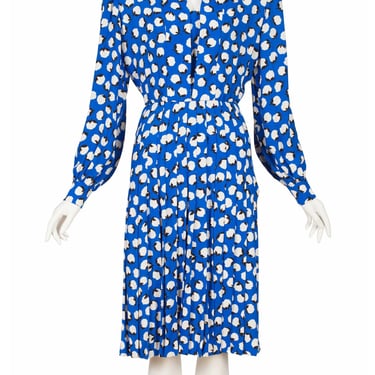 Givenchy 1980s Vintage Flower Bud Print Blue Crepe Pleated Dress 