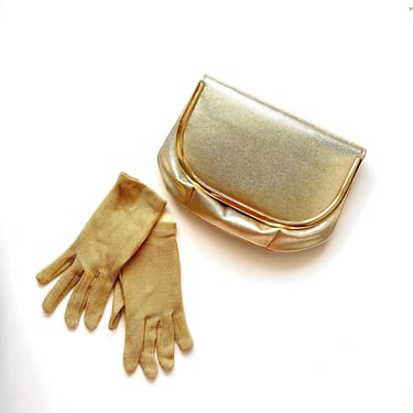 Vintage 60s Metallic Gold Bag and Gloves Set 1960s Shiny Clutch Handbag Purse Handbag 