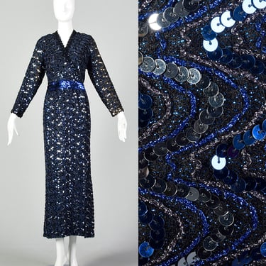 XXL Lilli Diamond Long Black Dress Blue Sequin Long Sleeve Faux Wrap Formal Evening Gown 