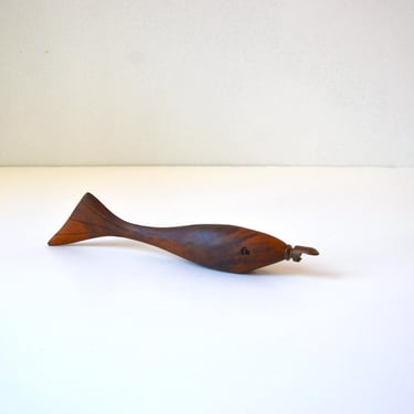 Vintage Danish Modern Fish Bottle Opener in Teak and Brass 