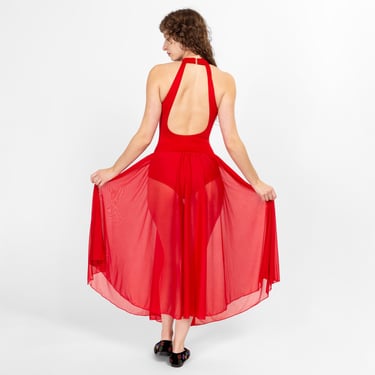 Small 90s Red Backless Leotard Dance Dress | Vintage Chiffon Skirt Dancewear Costume Bodysuit 