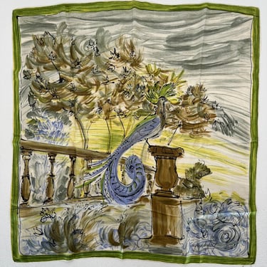 Jacques Fath 1950s Impressionist Garden Painting Charmeuse Silk Scarf