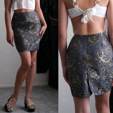 Vintage 90s ROXY Asian Floral Brocade Sheen Mini Skirt W/ Peacock Feather Pattern | Made in USA | 1990s Roxy Surfer Designer Mini Skirt 