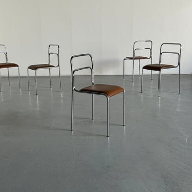 Bauhaus Design Chrome Tubular Steel and Brown Faux Leather Dining Chairs, Italian Modernist Stackable Dining Chairs 