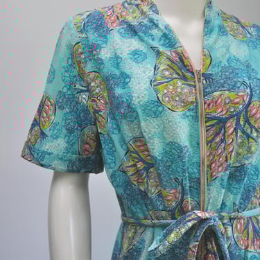 vintage 1940s novelty print blue cotton zipper front dressing gown S-L 