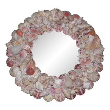 Vintage Coastal Shell Encrusted Wall Mirror 14&#8243; Round Seashell Mirror