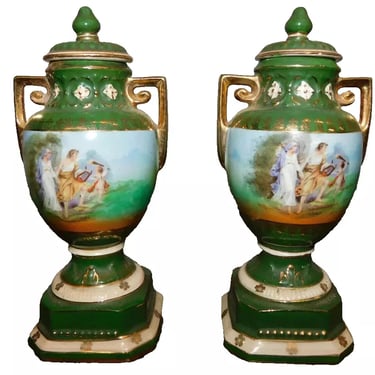 Urns, Paint Decorated, Czechoslovakia, Covered, Rest'ed Tops, Pair, Early 1900s!