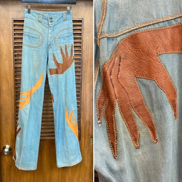 Vintage 1960’s w26 “Scary Hands” Appliqué Denim Glam Mod Flare Jeans Pants, 60’s Custom Jeans, Vintage Clothing 