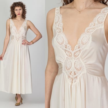 70s Ivory Slip Nightgown - Small | Vintage Lace Trim Lingerie Maxi Dress 