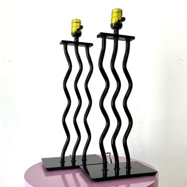 Vintage 80s Pair Black Squiggle Post Modern Table Lamps 