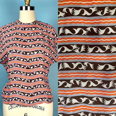 Vintage 1940s Deco Border Print Rayon Shirt Blouse Top 