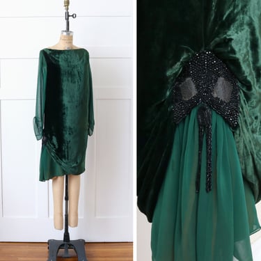 vintage 1920s deco green velvet dress • antique beaded chiffon sleeve tunic shift dress 