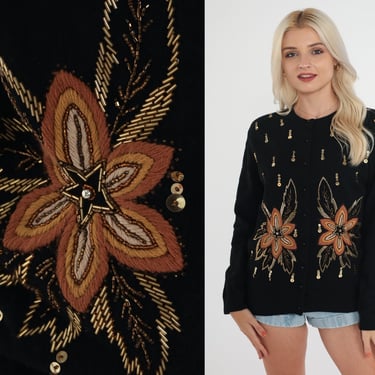 Beaded Floral Cardigan 90s Sequin Sweater Black Gold Button up Flower Angora Formal Glam Knitwear Angora Wool Blend Vintage 1990s Small S 