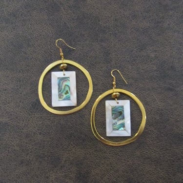 Gold and mother of pearl abalone shell hoop earrings 