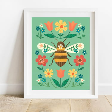 Floral Bee Folk Art 8 X 10 Art Print/ Woodland Insect Illustration/ Honey Bee With Flowers Wall Decor/ Nature Inspired Art 