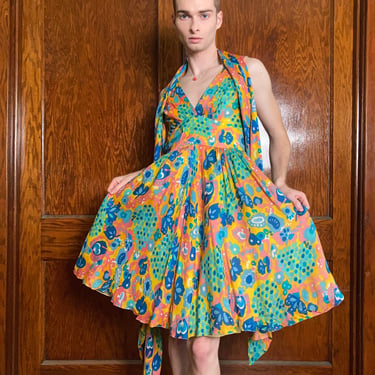60s Ferdinando Sarmi psychedelic silk chiffon dress with matching shawl 