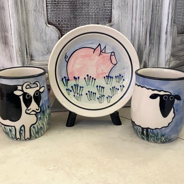 Farm Animals Pottery~ KD Karen Donleavy Cow Mug, Sheep Mug & Pig Plate~ Whimsy Farmhouse Breakfast Dishes~ Vintage Set of 3 Clay Art Studio 