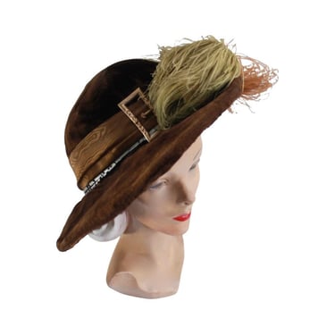 Edwardian Wide Brim Brown Fur Merry Widow Picture Hat - 1900s Merry Widow Hat - 1900s Gibson Girl Hat - Antique Edwardian Wide Brim Hat 