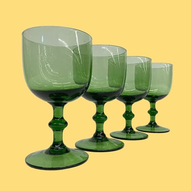 Vintage Carlo Moretti Murano Wine Glasses Retro 1960s Mid Century Modern + Handblown + Green Glass + Goblets + Set of 4 + Stemware + MCM Bar 