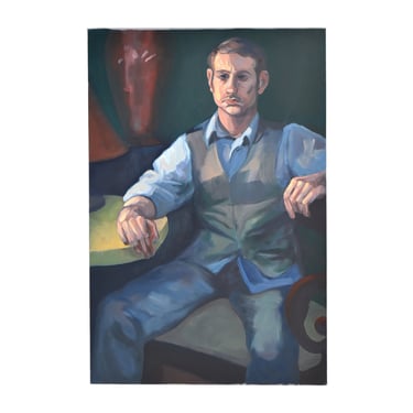 Portrait Seated Handsome Man in Vest Oil Painting Lenell Chicago Artist 