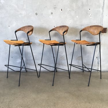 Set of Three Arthur Umanoff Rush Back Bar Stools