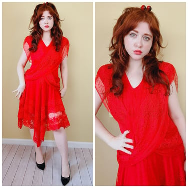 1980s Vintage NWT Red Lace Jc Penney Dress / 80s  Lace Wrap Witch Hanky Hem Dress / Size Medium 