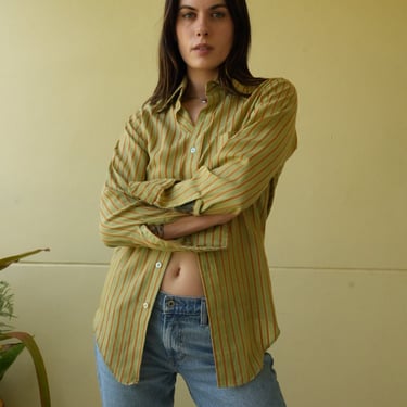 1970s Stripe Shirt / Button Up Collared Shirt / Pea Green and Orange Long Sleeves Slim Cut Shirt / Menswear / Unisex Boyfriend Shirt 