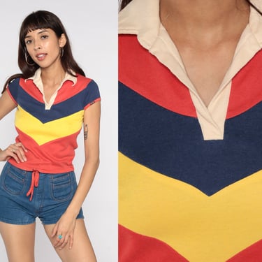 70s Striped Polo Shirt Red Blue Yellow Color Block Short Cap Sleeve Collared Tshirt 1970s Chevron Baby Tee Preppy Vintage Mais Oui! Small S 