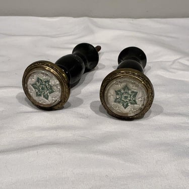 2 Antique Victorian Curtain tie backs, hand turned wood with decorative glass caps, black curtain hooks, 1800s home decor, Grandmillennial 